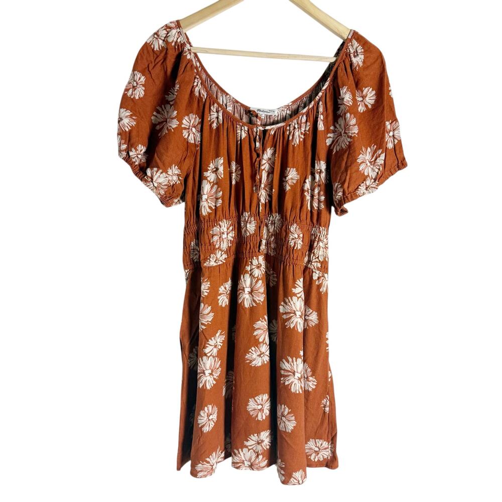 Madewell Linen Sophia Torch Rust Floral Print Smocked Puff Sleeve Short Dress M